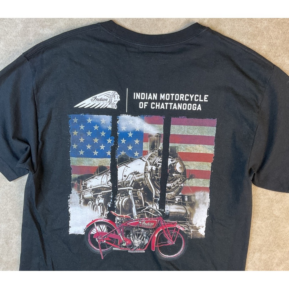 Indian Motorcycle T-Shirt Mens M Chattanooga USA Flag Graphic Tee Crewneck Black